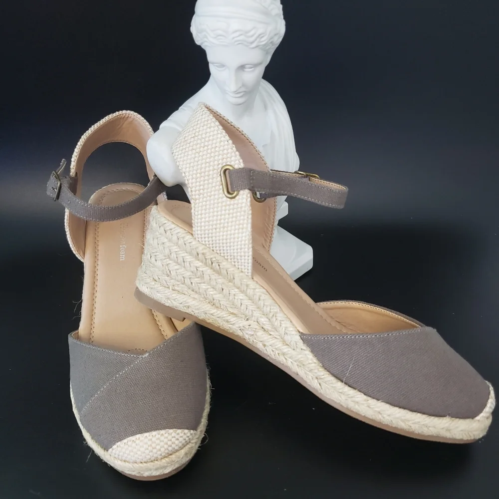 Tru Comfort Espadrille - Gray w/ Raffia Wedge - Canvas Textile Wide Width 8